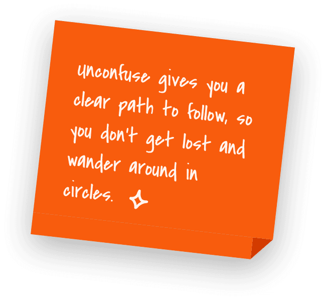 Handwritten sticky note: unconfuse gives you a clear path to follow, so you don't get lost and wander around in circles.